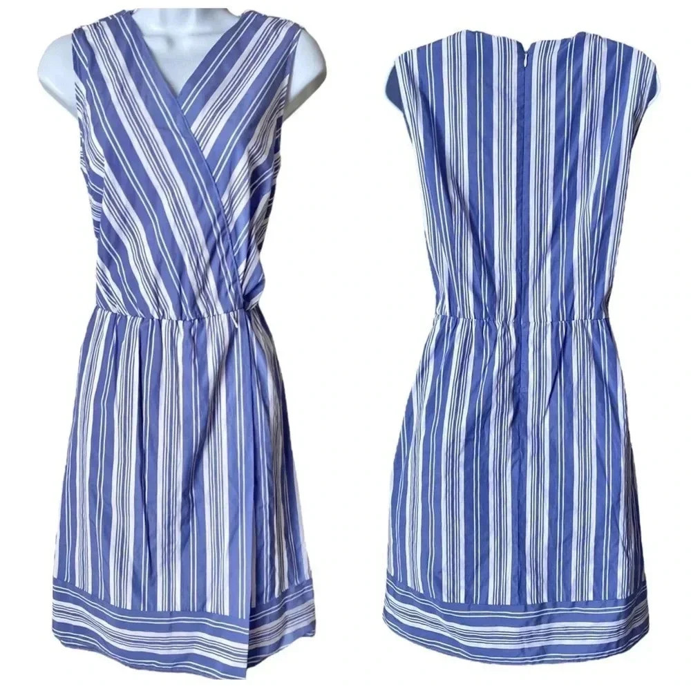 ROZ & ALI Women’s Blue & White Stripped Sleeveless Cotton Dress Faux Wrap Sz 16